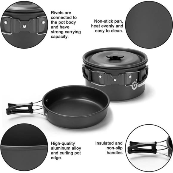15pcs Camping Cookware Mess Kit, Non-Stick Lightweight Pot...